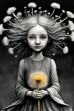 pencil and charcoal sketch of a cute happy little dandelion fairy girl, Mucha inspired emotional nature ephemeral sculptures of Andy Goldsworthy, tiny human form, essence captured as if created by surrealist photographer Noel S Osvald rendered in bright ombre colors, mixed with influences by John Bauer and Tim Burton, faded dark grey background, minimalistic art, with details that reflect advanced rendering techniques that push the drawing's realism even further Modifiers: trending on Artstation