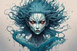 front facing full body illustration of a malevolent shape shifting female Funayurei water spirit with highly detailed facial features and skin textures, in the style of Alex Pardee , Jean Giraud Moebius, and Katsushika Hokusai, highly detailed, boldly inked, deep murky aquatic color