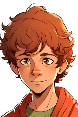 a cartoony profile picture of a 13 year old boy with very short redish brown and curly hair
