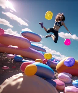 Ultra realistic speed clouds sky scene, wide angle view, sweet women falling down, inflatable color clothing, free jumping flying, many trinkets, hair monster. many jelly beans, balls, color smoke, smile, happy, circus style, extreme, wind, 20,000 feet altitude, stratosphere, soft color, highly detailed, unreal engine 5, ray tracing, RTX, lumen lighting, ultra detail, volumetric lighting, 3d, finely drawn, high definition, high resolution.