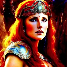 Drawing of beautiful face,'Red Sonja ',intense stare, ancient metal armor, balanciaga fashion clothe painting by gaston bussiere, greg rutkowski, yoji shinkawa, yoshitaka amano, tsutomu nihei, donato giancola, tim hildebrandt Oil on canvas, cinematic composition, extreme detail,fit full head inside picture,16k