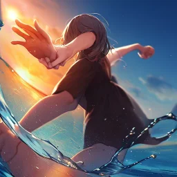 Clear Focus, High resolution, two girls holding hands running on water on sunset, extreme close up