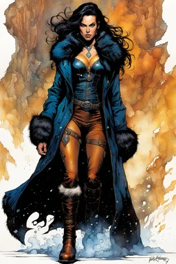 Create a fine art print , full body illustration of an epic fantasy Lankhmar sorceress Girl , with finely lined and detailed facial features, in a ragged sable and lynx fur coat, trimmed with ermine tails ,battered riding boots, , in the comic book style of Bill Sienkiewicz, Howard Chaykin, Mike Mignola, Philippe Druillet, and Jean Giraud Moebius, precisely drawn, colored and inked