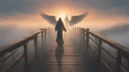 walking straight ahead over a wooden bridge, holding the angel of death with your right hand, entering the fog at the end of the road that leads to the afterlife, and a beautiful sunset and galaxy's behind the fog, realistic