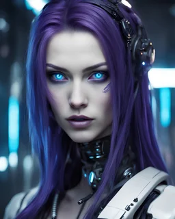 white skinned soft face long dark purple haired blue eyed cyberpunk woman