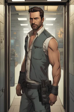 Male, 40 years old, cyberpunk, brown hair, wearing an chemise and pants, background corridor, comic book style