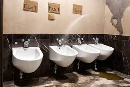 line of fine white porcelain urinals in a nice restaurant men's room with marble floors and walls but one of the urinals is black with a giant crack and is spraying brackish water on floor from a busted pipe, above the broken urinal is a cardboard sign with written text "FLUX1.1", puddle of dirty water on floor, concept art, hyperreal