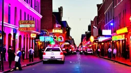 A police Tesla Cybertruck is chasing a Tesla 'Model S Plaid' at top speed, Bourbon Street, in New Orleans. CINEMATIC. WIDE ANGLE LENS.
