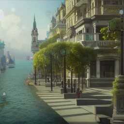 Waterfront,Sea,beach, Beaux Arts architecture,+palladio+liveable street+detailed facades+green city,uphill road,trees on walkway,elegant avenue, biopunk+Bueno Aires,vienna, alphonse mucha, greg rutkowski,matte painting, cryengine, hyper detailed, felix kelly, fantasy art, seb mckinnon"