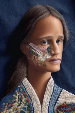 Hand sewn and embroidered Alicia Vikander, threads, sewing needles