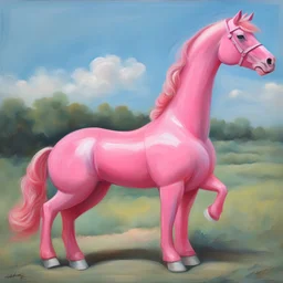 Big pink plastic toy horse.19th painting