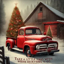 old vintage red Ford pickup truck with decorated Xmas tree in bed of the truck.. In the background is a weathered barn. Snow is falling. Mood is festive. "Take a little Xmas with where ever you go" is written on bottom.