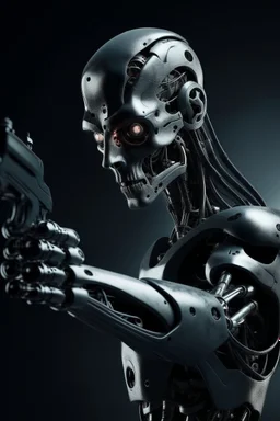 a scary cyborg with a gun searching for humans looking right and far away