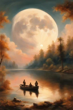 Realistic oil painting of a serene lake with a massive hunters moon in the background, two fishermen in a small boat, intricate details of trees and reflections on the water, by Thomas Moran and Claude Monet, (long shot), warm colors, peaceful atmosphere