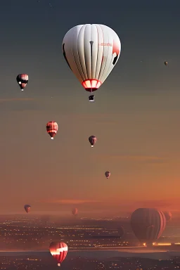 PEOPLE IN BALLOONS FLYING OVER A NIGHT SKY OVER A NUCLEAR RAVAGED CITY