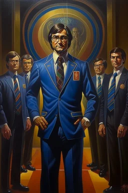 1970's dark fantasy cover dnd style oil painting of a Lacalle Pou President with sport outfits with minimalist far perspective. Magazine.