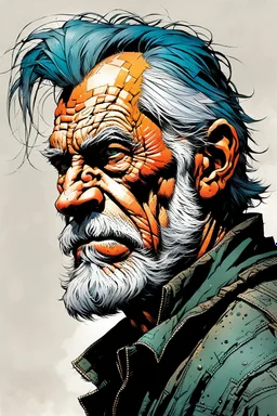 create a 3/4 profile portrait illustration of a an aged grey haired, raggedly dressed, post apocalyptic, skid row derelict , with highly detailed and deeply cut facial features, in the comic art style of FRANK MILLER and BILL SIENKIEWICZ, searing lines and forceful strokes, precisely drawn, boldly inked, with gritty textures, vibrant colors, dramatic otherworldly lighting