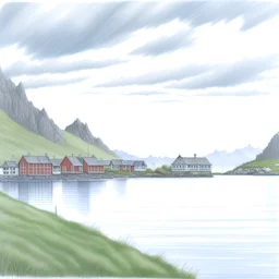 Norway, lofoten colored pencil drawing, realistic, serene, landscape, detailed