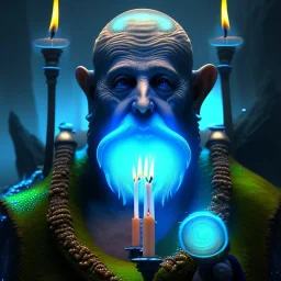 medium close up of blue robed water monk with long beard, chasm, candle light, rays in fog, torches, Dark fantasy concept art, dynamic lighting, Intricately detailed, Splash screen art, deep color, Unreal Engine, volumetric lighting, blue flowers, moss, leather, creek, flowing water, fantasy dark forest artwork,back light