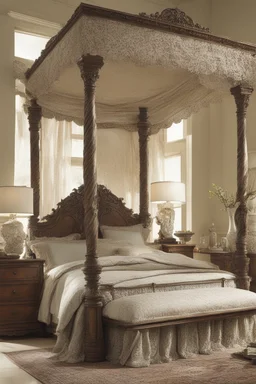 Ornate victorian headboard to a four post canopy bed