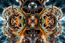 Dynamic complex hypnotic fractal 3D Symmetrical structures with mirrors twisting and morphing between organic and geometric forms , smooth translucent iridescent glass with inner glow and bubbles, varied transparent materials, stormy skies, intense dramatic