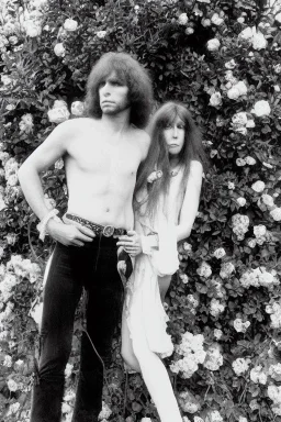 Jim Morrison and Pamela Courson ,music, NSFW, watermark, bohemian style , blurry,beautiful,elegant,roses, fantasy by anni dittman