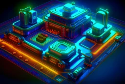 Abstract depiction of a futuristic, masculine metallic factory resembling a computer chip. Clean, neat, and awe-inspiring top-down view. Dark metal network with abstract iridescent lines, complex yet simple. Dark-themed with cool colors and a touch of warmth. A labyrinth of technology and complexity, a solid, physical expanse.