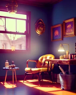 Room scene with retro hair monster, Wes Anderson style, realistic photo, concept art, smooth, unreal engine 5, god lights, ray tracing, RTX, lumen lighting, ultra detail, volumetric lighting, 3d.