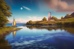 an encaustic painting depicting a landscape of a lake and a single sailboat sailing on it. Add an island and details to create an example of beautiful artistic work. Modifiers: highly detailed masterpiece photorealistic dynamic lighting fantastic view metchley wet oil and wax