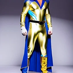 A superhero man with a sky blue spandex suit. He has a sky blue mask on, blue eyes, freckles, dimples, and curly dark brown hair. He's wearing gold boots and gold artist gloves with a white belt and has a gold M on his chest. His boots have small feathered wings on them, and his shoulders have shoulder pads. He is smiling