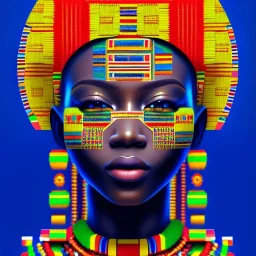 robot portrait in Kente, cinematic, ghana flag, african pattern symbols, engraved, 8k quality