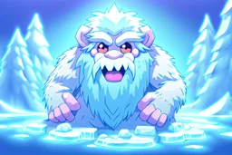 Anime pixel art of a Fresh stage Epi-Yeti, resembling a tiny yeti with a stethoscope, nestled inside a shimmering ice crystal.