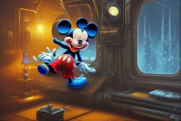 Mickey Mouse looking out a window in Blade Runner appartment