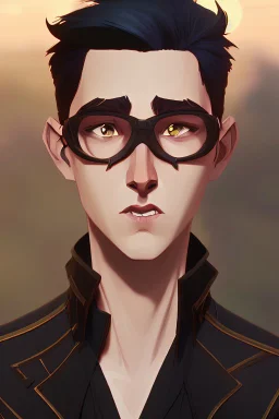 A young adult man with messy black hair and black cat ears, golden eyes, glasses.