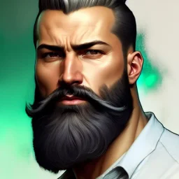 "MIddle aged white human male, with a trimmed but uneven beard, piercing green eyes with slick back hair, head and shoulders portrait, 8k resolution concept art portrait by Greg Rutkowski, Artgerm, WLOP, Alphonse Mucha dynamic lighting hyperdetailed intricately detailed Splash art trending on Artstation triadic colors Unreal Engine 5 volumetric lighting Splash art fantasy realistic digital art, blizzard entertainment, trending on artstation, award winning fantasy art"