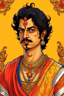 Portrait of Indian kingdom Shantanu as a marvel comic illustration, indian vedic dressing