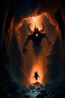 a demonic spirit rises up through the chasm of the underworld