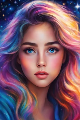 Masterpiece, best quality, oil pastel style, oil pastel painting, beautiful lovely eyes, cute, pretty face, front view, very detailed, high quality, 4k. Cute girl looks at the stars glowing, bright light hair, beautiful lovely eyes, beautiful night sky and glowing, she has enough strong imagination, fantasy and colorful world, vibrant colors.