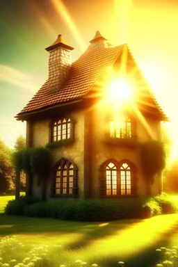 A fantasy house with the sun appearing behind it