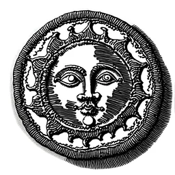 engraved copper coin with a detailed sun face with filligrees