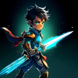 A legendary and wonderful long sword with two edges in hand,A superhero boy with infinite power and technology from the galactic race