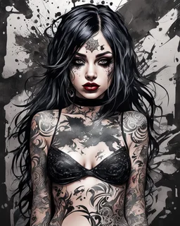 Petit girl goth many tattoos on his body, lying pose, halfbody, PAPERCUT style portrait, multi layered metalics and rough texture, paint splashes and streaks and blotches industrial,