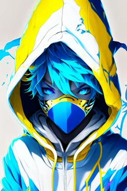 An anime boy who is devil and wearing a white hoodie with streaks of bright blue and yellow colors, as well as an electronic and neon mask that only covers his mouth with bright yellow and blue colors on the front