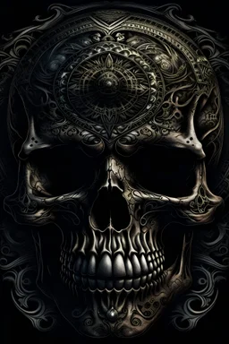A highly detailed and ominous picture features a sinister skull, marked by a rugged, jagged beard and complex tattoos. The skull's eye sockets are empty, enhancing its menacing aura. The focus sharpens on the skull's grim features and the intricate designs that adorn it. The backdrop is dark and unsettling, adding a cinematic, photographic quality to the image, emphasizing its eerie and macabre atmosphere.