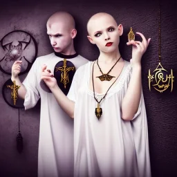 Realistic photo Russian shorthair beautiful tomboy evil sorceress with symbol of the king of evil amulet on the neck boyish face men's look boys face boylike in lacy girlish nightgown in girlish room with amulets symbol of the king of evil on the wall of the lord of evil and the king of the underworld of evil forces