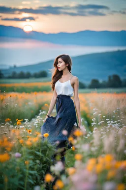 Young woman in flower field in the evening,f22,