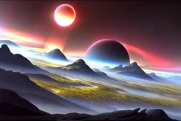 Alien landscape with Epic exoplanet with rings in the sky, over the valley