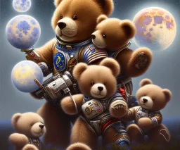 little boy and big teddy bears on moon. oil on canvas