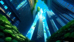 man working with a background of skyscrapers, low camera angle, blue sky, green trees, blue sky, light flowing through, painting by max ernst, ultra detailed, bright, Greg Rutkowski, Charlie Bowater, Yuumei, Yanjun Cheng, unreal 5,