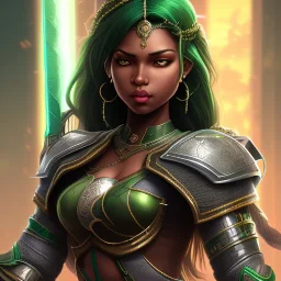 fantasy setting, insanely detailed, dark-skinned woman, indian, black hair, warrior, green hair strand